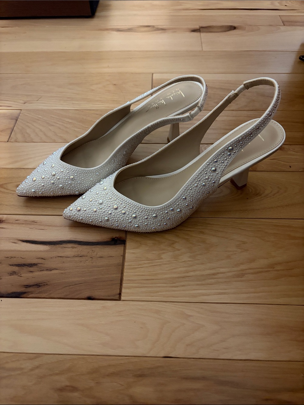 Embellished White Heels with Strap